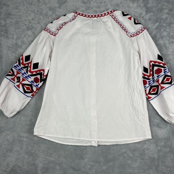 Women's Small Blouse‎ White Embroidered Button Front 3/4 Puff Sleeve Boho Hippie - Picture 2 of 7